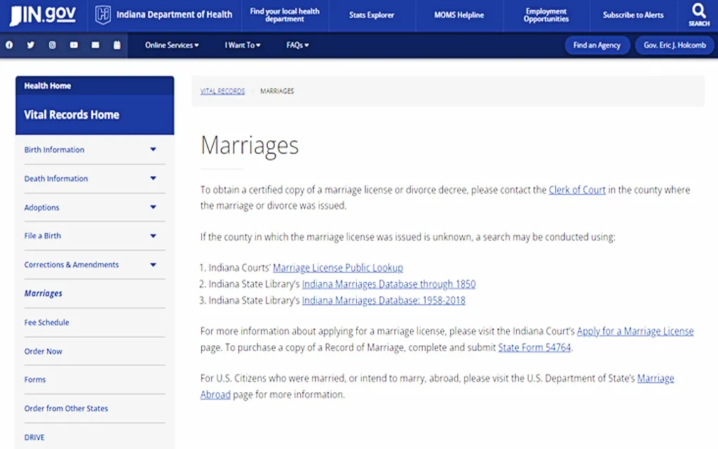 The Indiana Department of Health Website where free Indiana marriage records can be requested. 