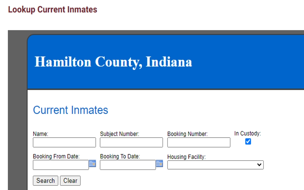 Hamilton County Inmate Lookup website displaying a search form where users can enter an inmate's name, booking number, or global subject number to access information about their charges, booking date, and housing facility.