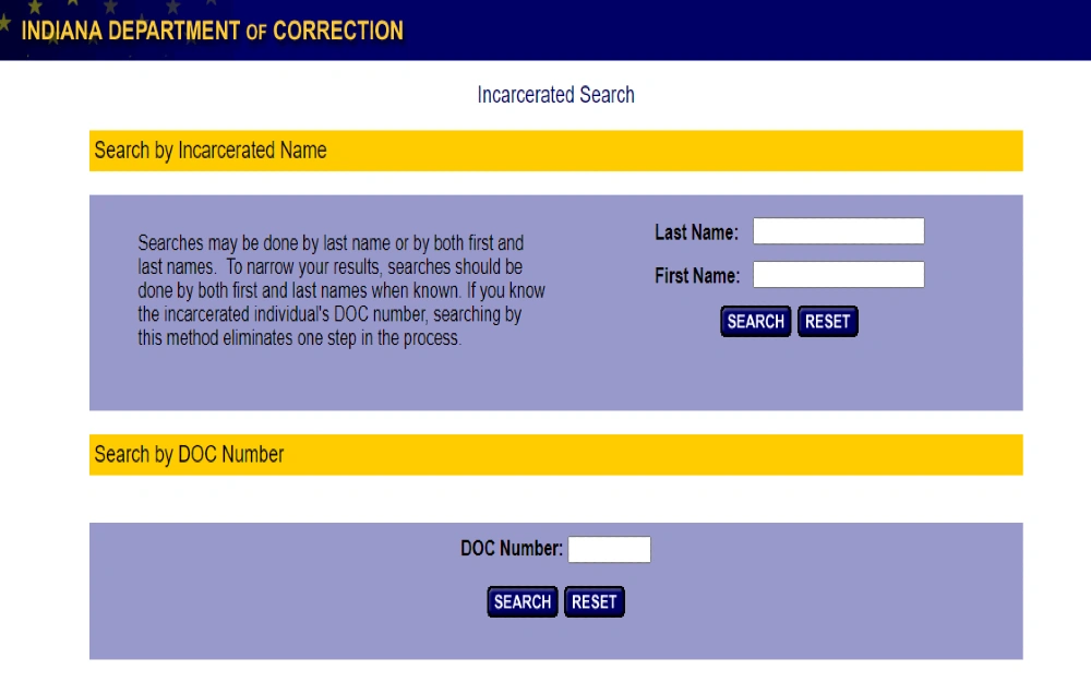 Indiana Department of Correction (DOC) Incarcerated Search website, featuring a search bar with options to search for individuals by name or DOC number.