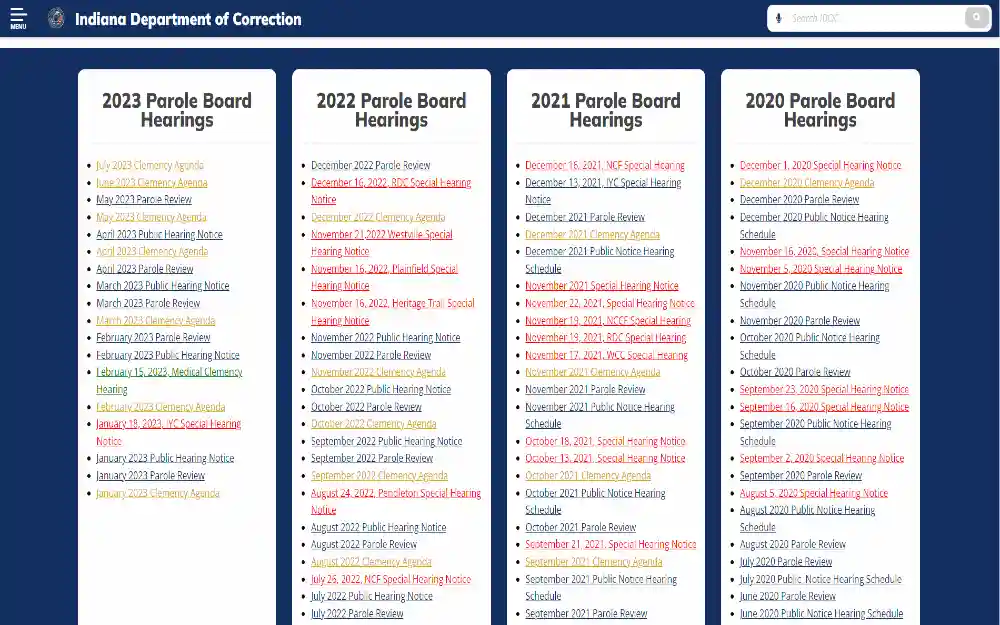 Indiana Department of Correction (DOC) Parole Hearing website, featuring a header with the logo and name of the Indiana DOC, and a menu with links to other resources and services provided by the department, the website displays a list of upcoming parole board hearings from 2020-2023, including the date and what hearing.