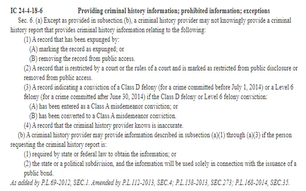 Indiana Legislative Law IC 24-4-18-6 regarding providing criminal history information, prohibited information, and exceptions, the text outlines the types of criminal history information that a provider may not disclose to anyone other than the subject or authorized representative, and lists the exceptions where the provider is allowed to share such information with law enforcement agencies, criminal justice agencies, or governmental licensing entities.