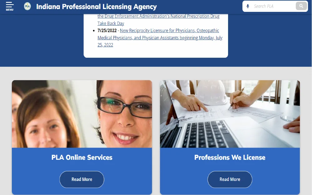 Indiana Professional Licensing Agency website, featuring a header with the logo and name of the agency, and a menu with links to various professional licensing boards and services offered by the state of Indiana.