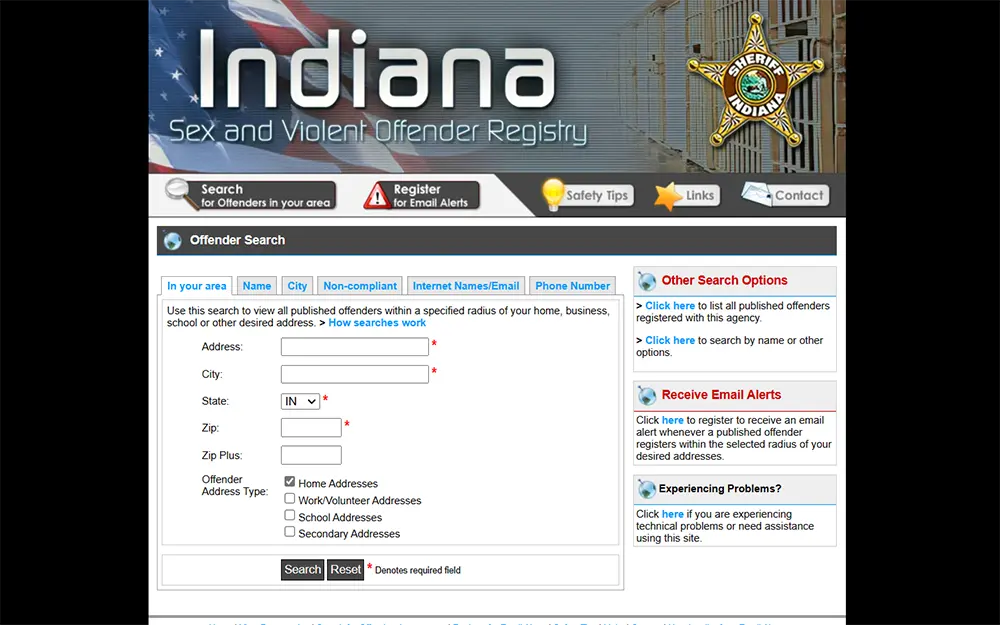 A screenshot from the Indiana sex and violent offender registry website showing the offender search page with an empty search criterion.