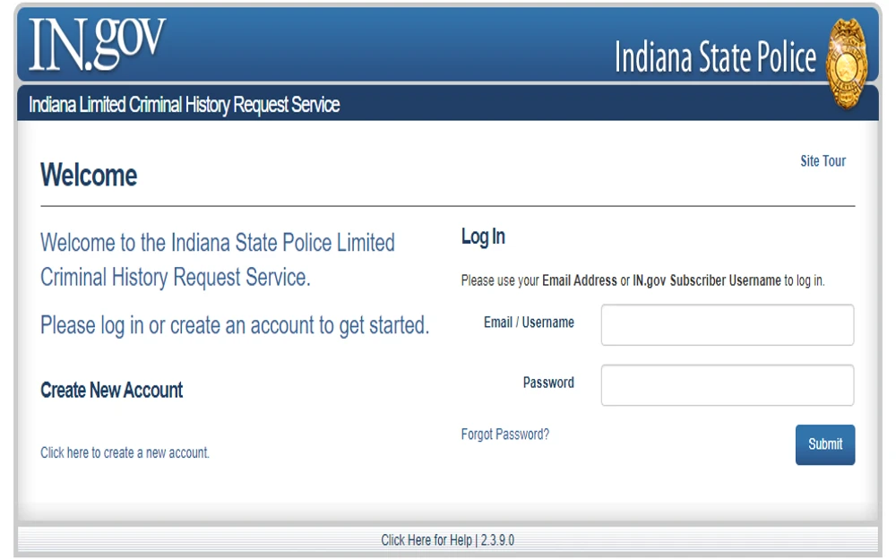 Indiana State Police Criminal History Request login page, featuring a login form with fields for username and password, the website also displays a header with the logo and name of the Indiana State Police.