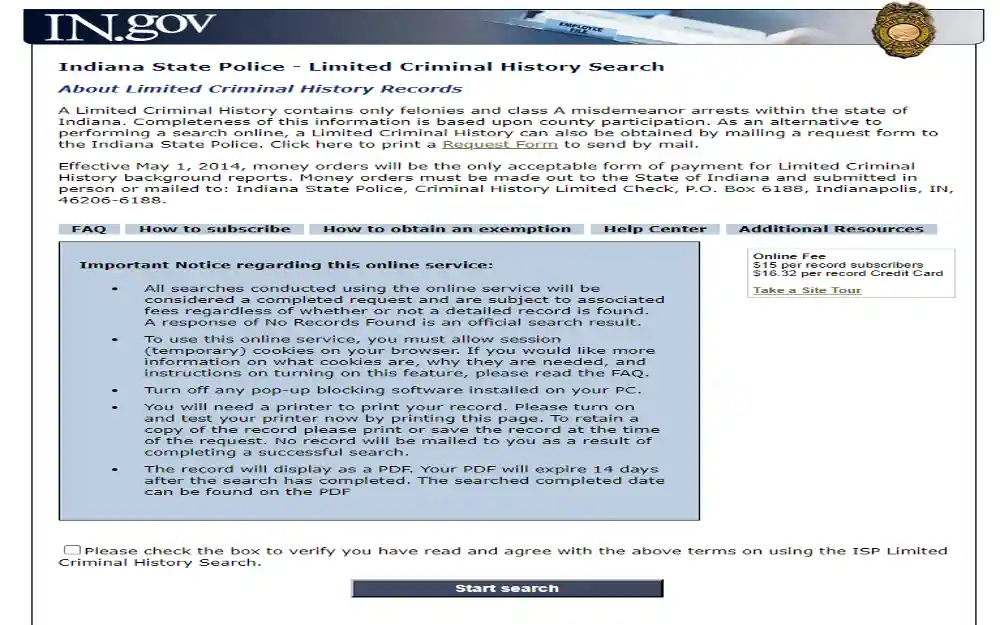 Indiana State Police Criminal History Search website, featuring a search bar and various search options to help users find criminal records and background check information for individuals in the state of Indiana, the website also displays a header with the logo and name of the Indiana State Police, and a menu with links to other resources and services provided by the department.