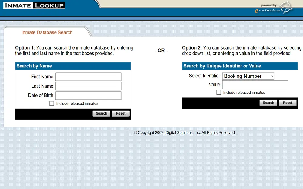 A screenshot from Indy gov website showing the inmate look up tool page with inmate database search box options.