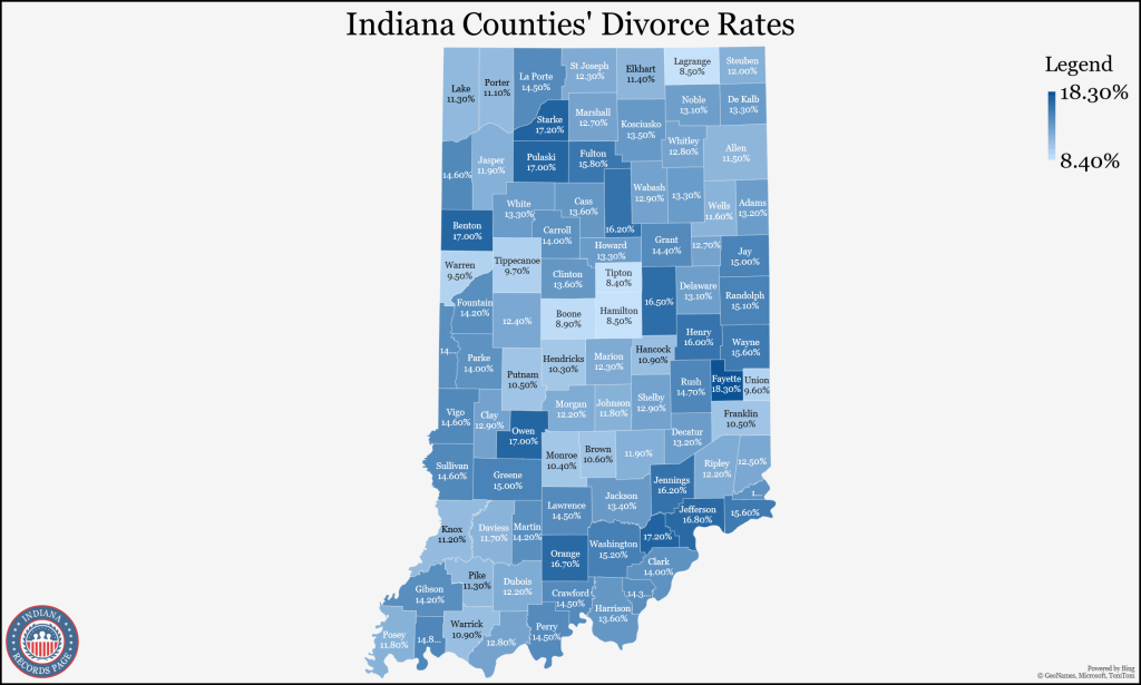 An image showing the percentage rate of people divorced (5-year estimates) per country level in Indiana.
