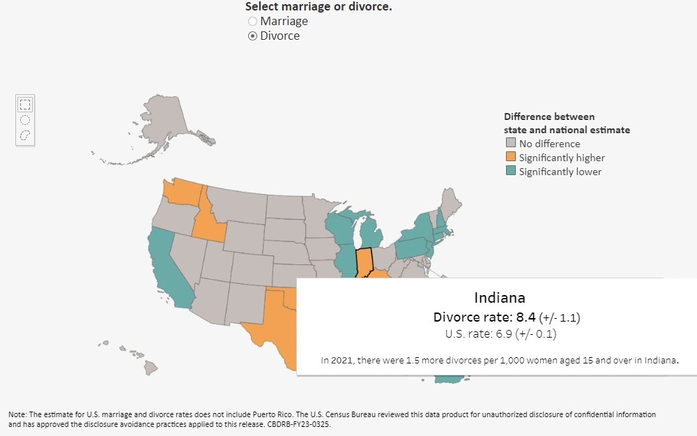 Screenshot of map of divorce rate in United States, showing 2021 divorce rate in Indiana.