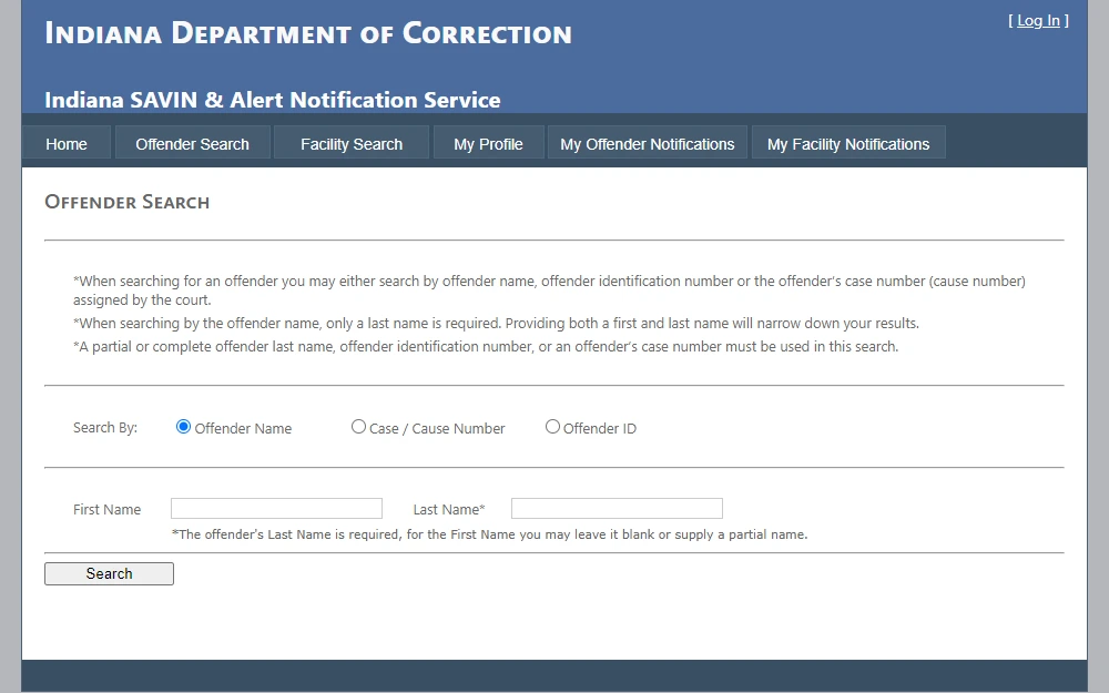Screenshot of the state Department of Correction alert notification service displaying offender search by name with options for search by case number or offender ID.