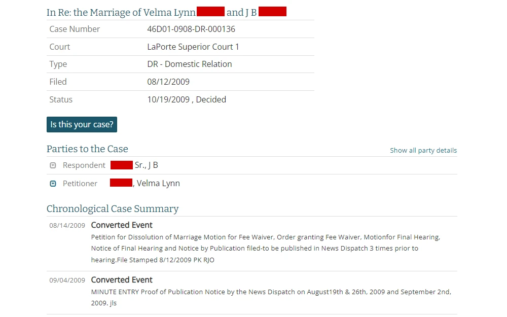 Screenshot of a case summary showing names of both parties, case number, court, type, filing date, status, and the chronological case summary.