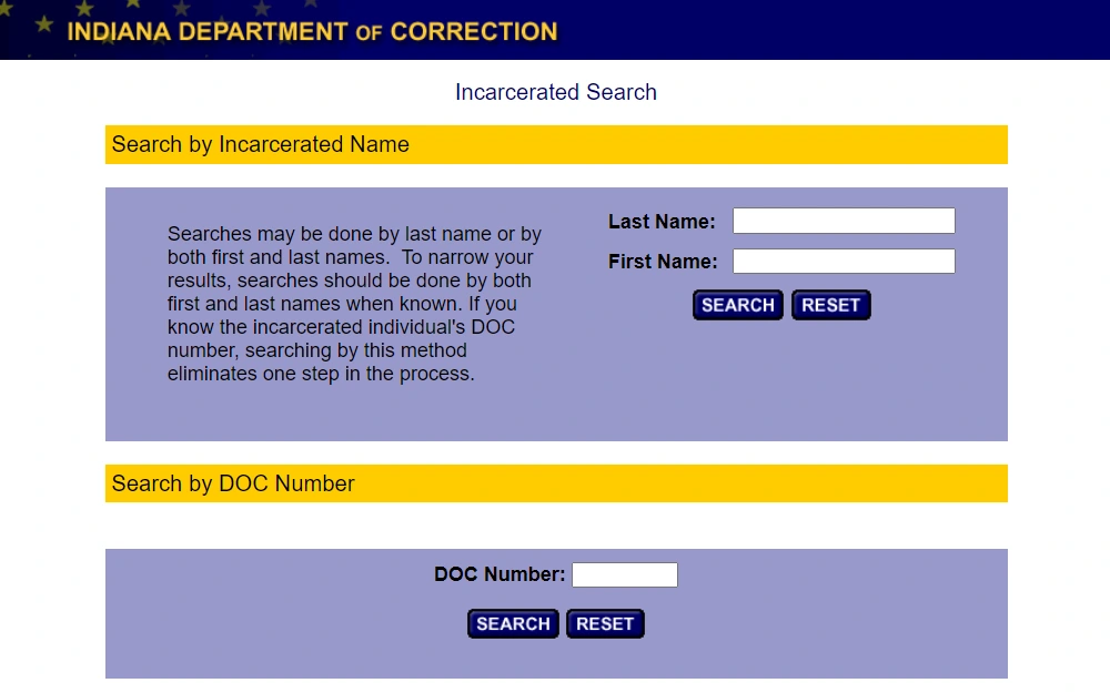 A screenshot of the incarcerated database of Indiana showing search bars for first and last name, and DOC number.