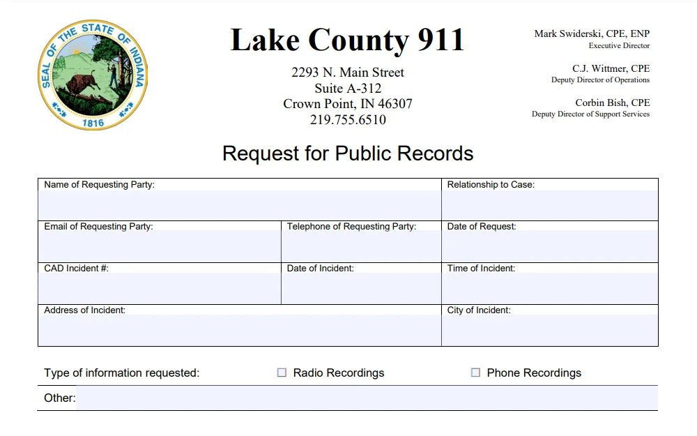 Screenshot of a public records request form with fields to fill for requested information, relationship to the incident, date, time, place, and CAD number of the incident, and name and contact information of the requesting party.