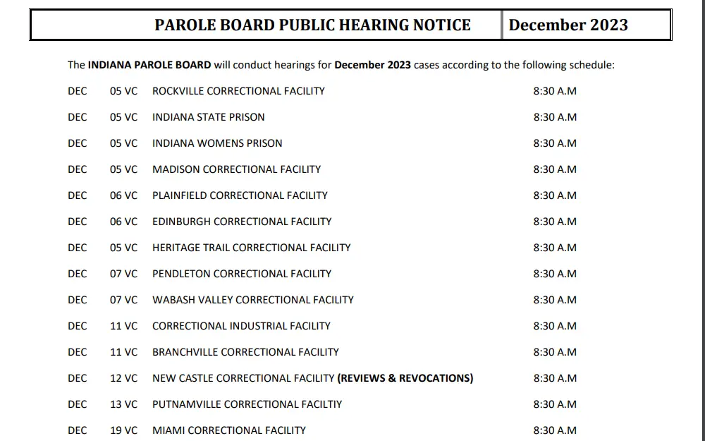 Screenshot of the list of public parole hearings for the month of December showing the day, mode of hearing, facility, and time.