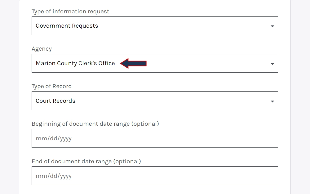 Screenshot of the public record request form with partially filled fields for requested information, agency, records and date range.