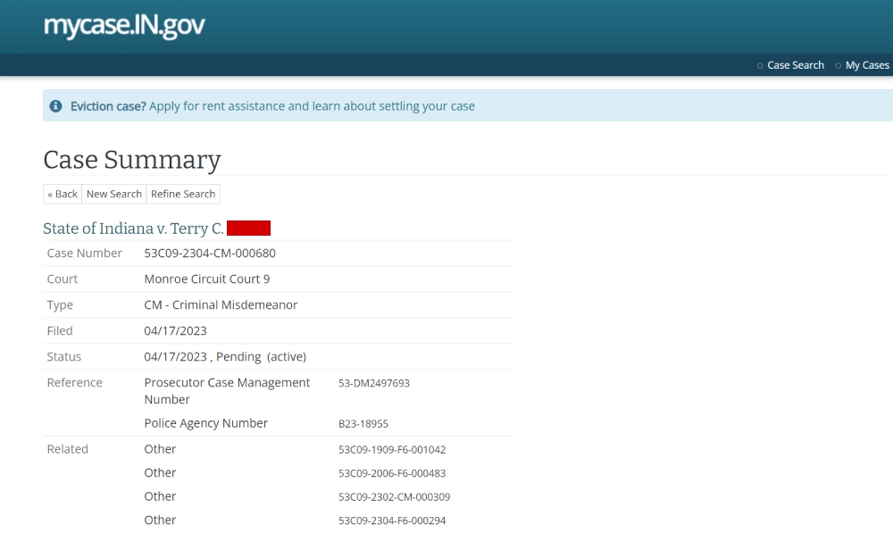 A screenshot of the mycase.IN.gov website displaying a case summary for an ongoing legal matter in Monroe Circuit Court 9, including details such as the case number, type of case designated as a criminal misdemeanor, the date filed, current status, and various reference numbers.