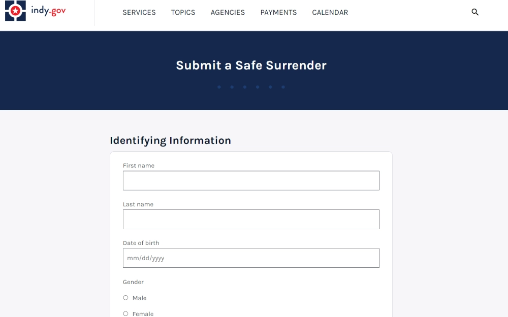 A screenshot of a web page from an official government site allowing individuals to submit personal details for a safe surrender process, including fields for first name, last name, date of birth, and gender.