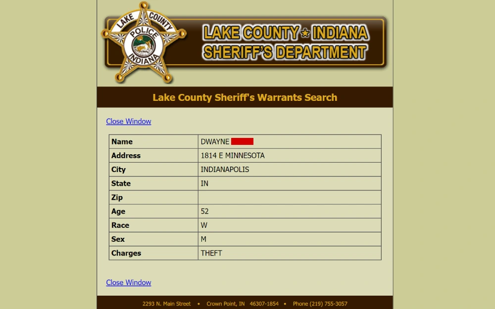 A digital interface from the Lake County Sheriff's Department showing a search result for an individual, with fields for name, address, city, state, zip, age, race, sex, and listed charges on a background with the department's official insignia.