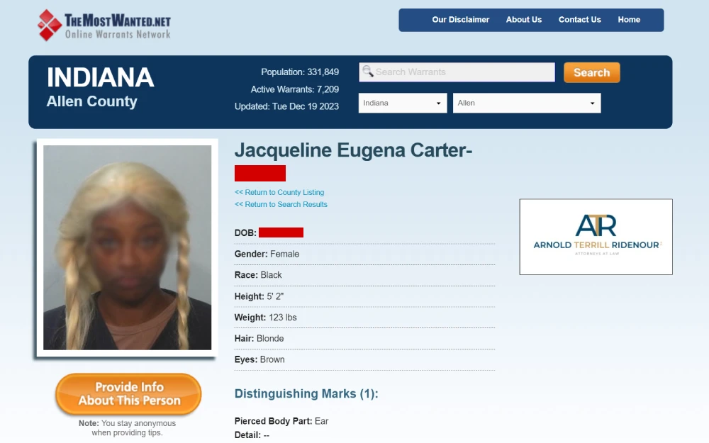 A screenshot displaying a profile from an online database for Allen County, Indiana, featuring a photo and personal details of an individual, including date of birth, gender, race, physical attributes, and distinguishing marks.