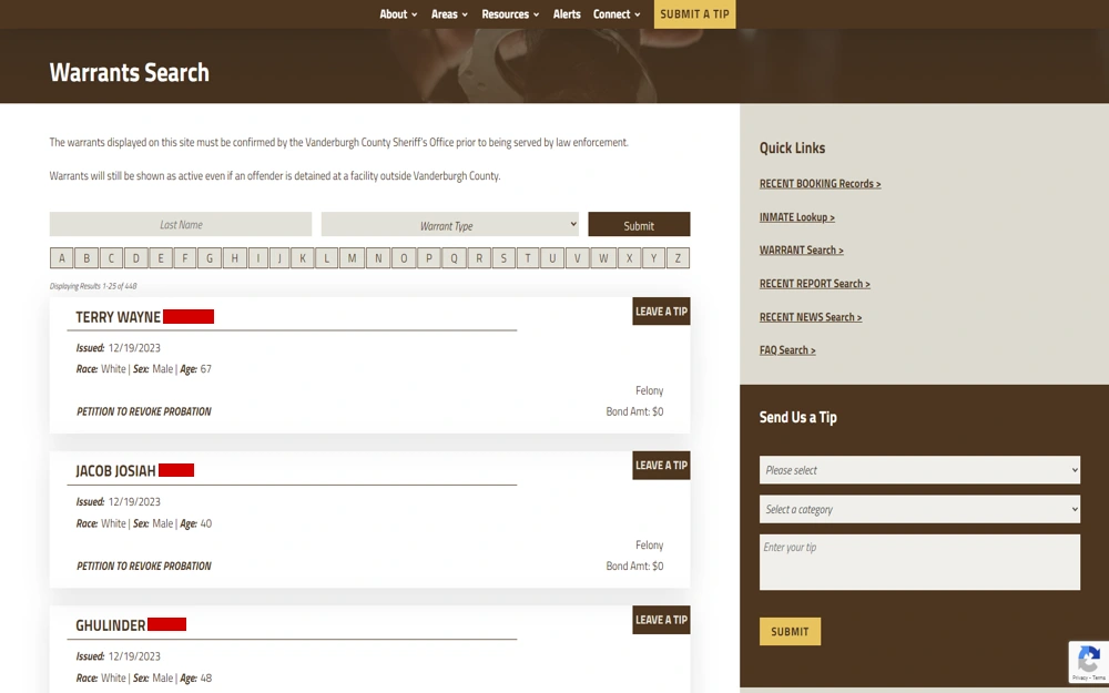 A web page listing from Vanderburgh County displaying names, racial and gender descriptions, ages, and the legal status of individuals, with functionality for the public to submit tips.