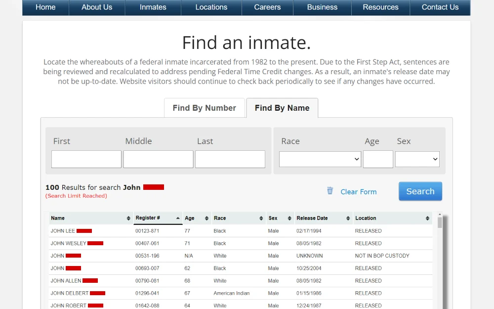 A screenshot from the Federal Bureau of Prisons detailing names, register numbers, ages, races, genders, release dates, locations, and a search form to filter by first, middle, and last name, race, age, and sex.