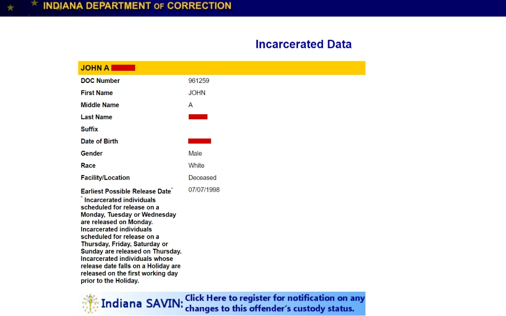 A screenshot from the Indiana Department of Correction detailing a DOC number, name, date of birth, race, gender, and the note "Deceased" under the facility/location field.