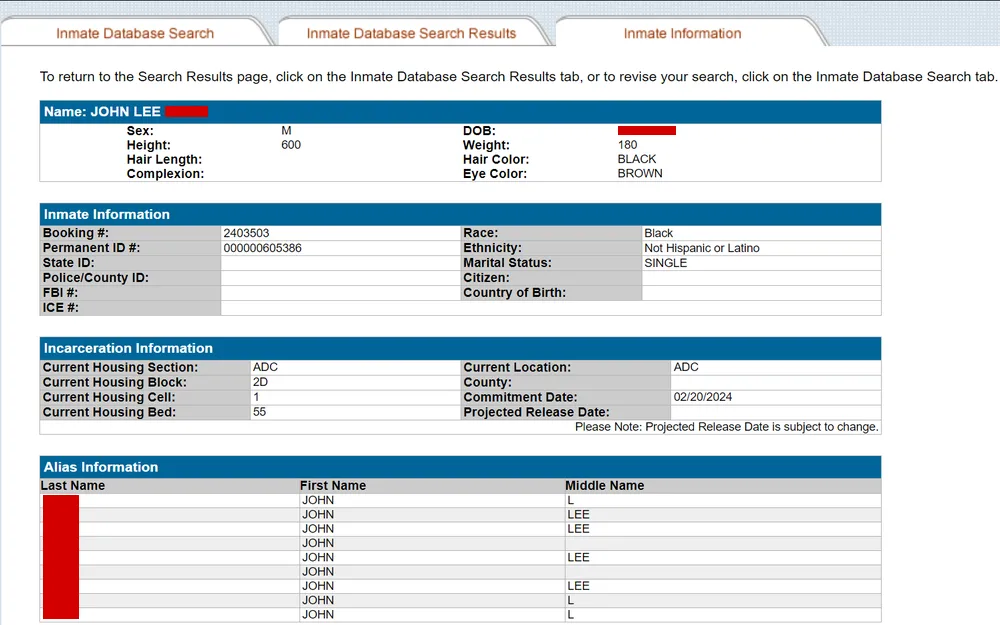 A screenshot from the Marion County Sheriff’s Office detailing name, inmate information, incarceration details such as housing section and cell, and alias information.