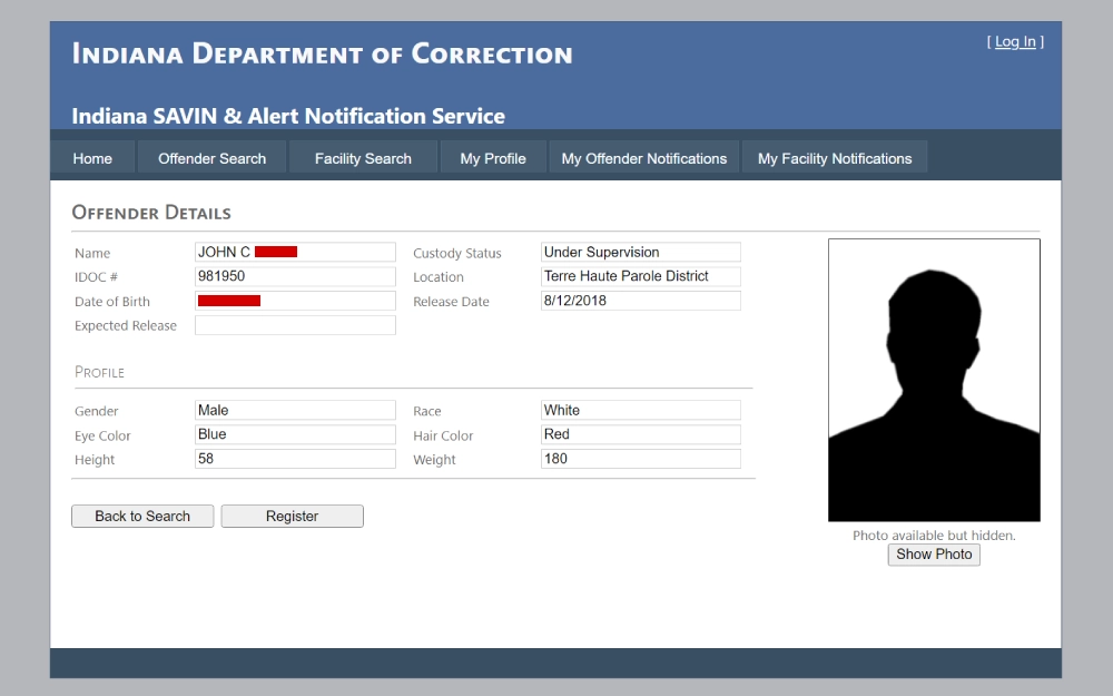 A screenshot from the Indiana Department of Correction shows an offender's details, including name, identification number, date of birth, and release date, along with physical descriptors such as gender, eye color, height, race, hair color, and weight.