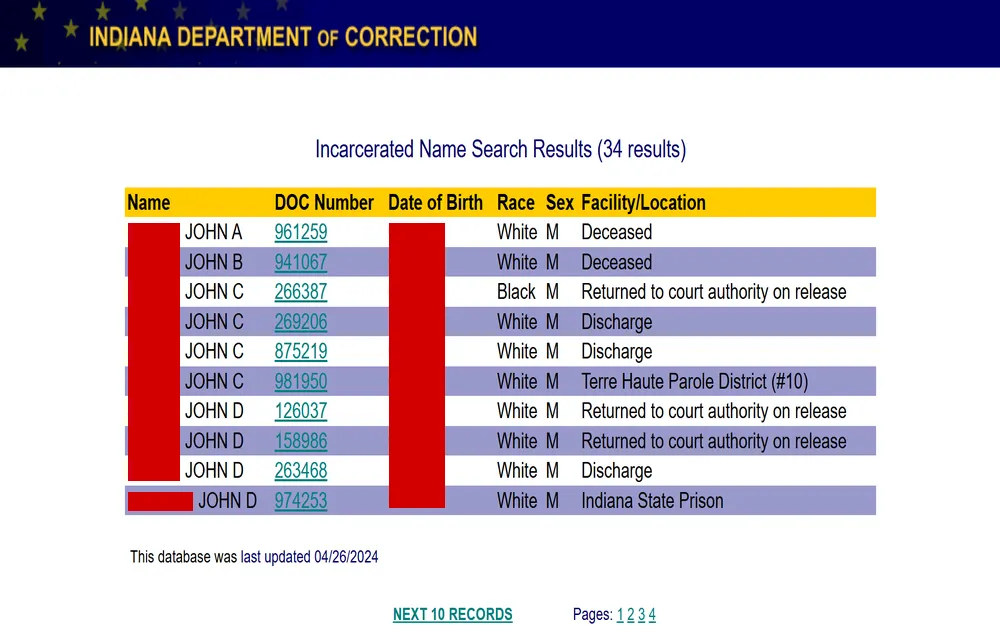 A screenshot features a search result table from the Indiana Department of Correction, listing multiple individuals with the same last name, identification numbers, birth dates, races, genders, and current statuses or locations within the correctional system.