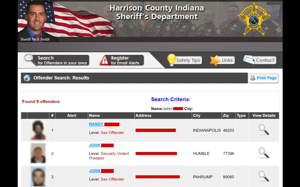 A screenshot shows the search results from the Harrison County Indiana Sheriff's Department, where a list of offenders is displayed, including their names, levels of offense, addresses, cities, and options to view more details.