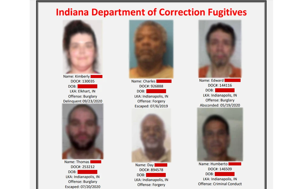A screenshot displays a bulletin from the Indiana Department of Correction featuring photographs and details of individuals labeled as fugitives, including their names, identification numbers, dates of birth, last known addresses, offenses, and dates of delinquency or escape.