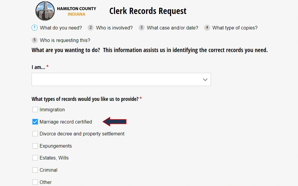 A screenshot of the records request form from the Hamilton County Clerk shows a progress line followed by a drop-down menu for the purpose of the request and checkbox options for the type of record with "Marriage record certified" selected.