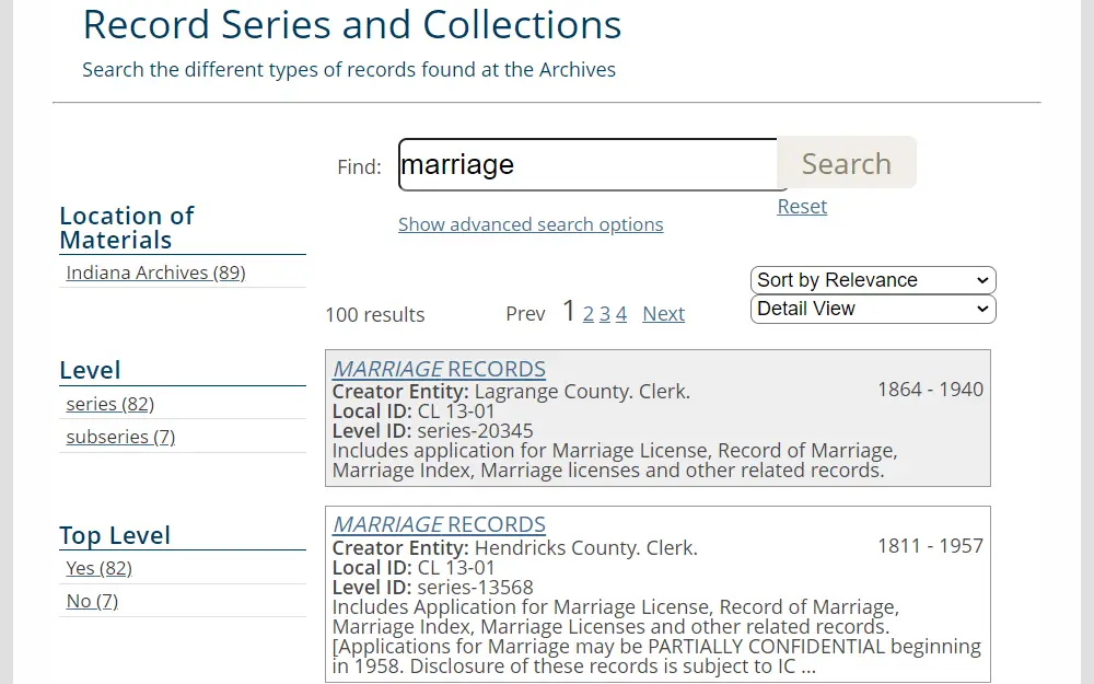 A screenshot from the Indiana Archives and Records Administration displays the results for "marriage," which are records from different counties, including creator entity, local ID, and level ID, along with the search filters in the left side panel.