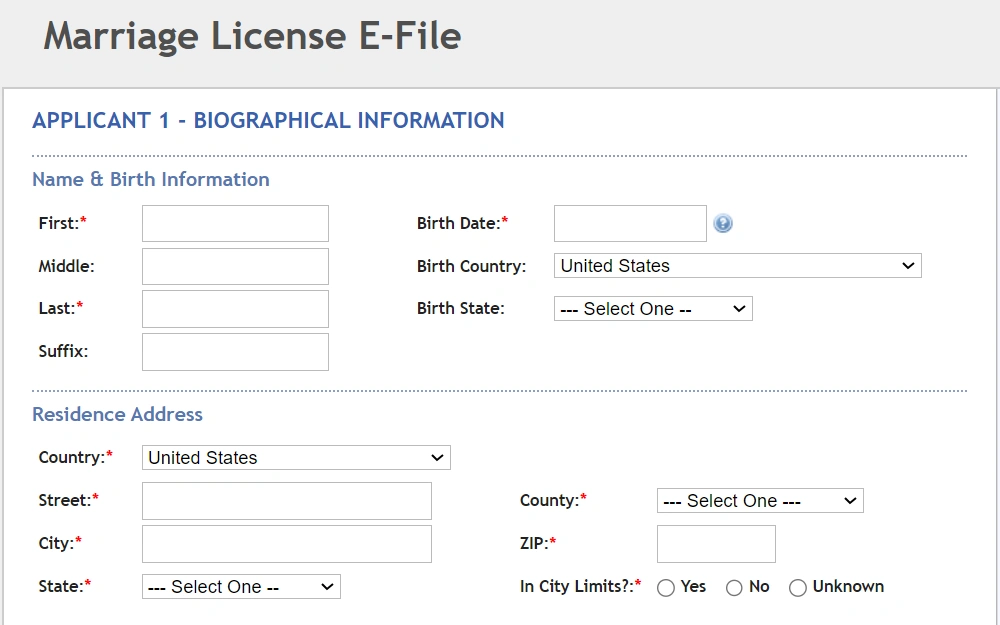 Screenshot from the Indiana Office of Judicial Administration displaying the first two sections of the first page of their marriage application form: name and birth information of applicant one, and residence address.