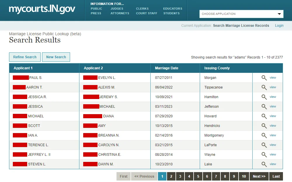 A screenshot of Indiana's marriage lookup tool displays the results in a table with the following details arranged from left to right: name of applicant one, name of applicant two, marriage date, and issuing county.