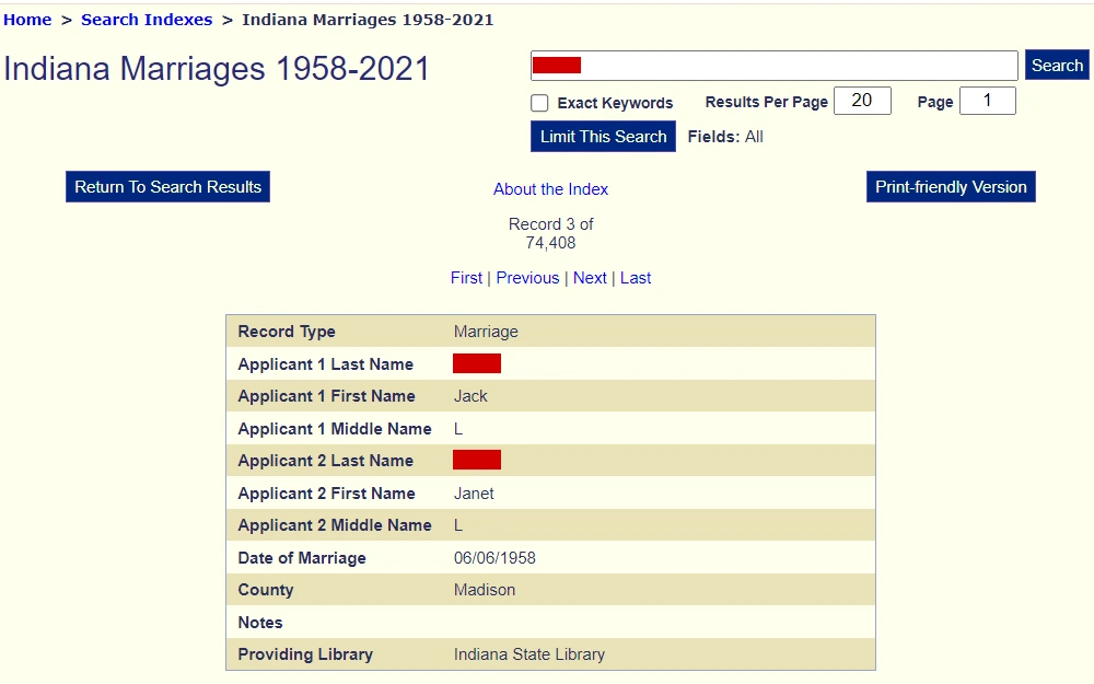 A screenshot from the Indiana State Library displays a search bar with filters and a marriage detail, including record type, names of applicants, date of marriage, county, notes, and providing library.