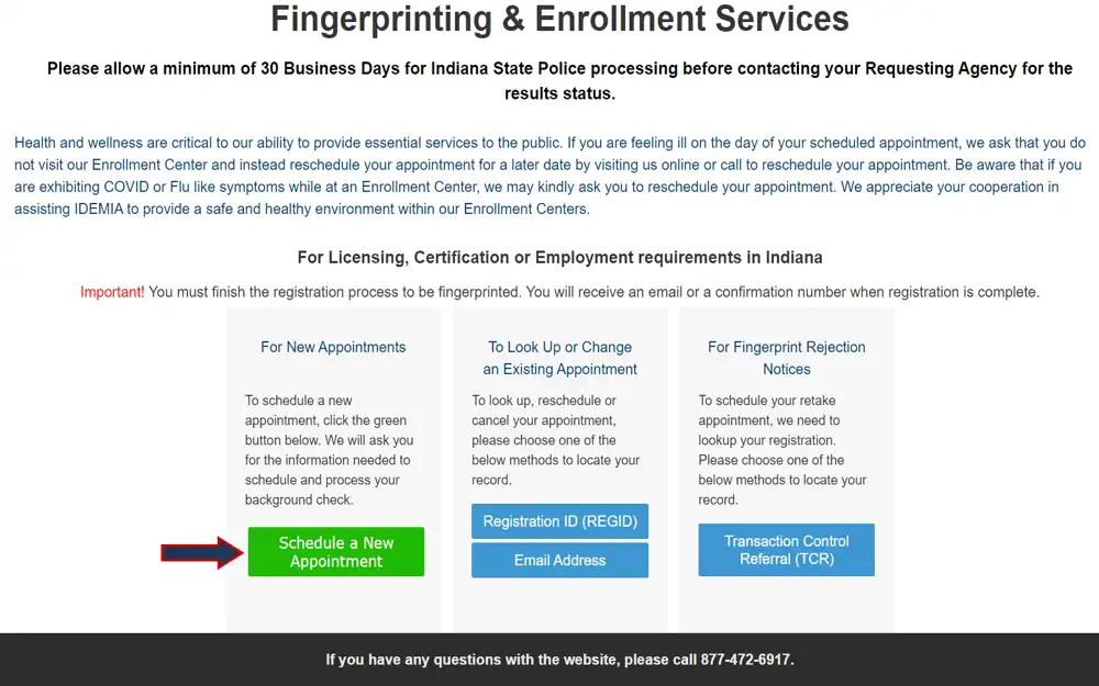 A screenshot shows the fingerprinting and enrollment services process, with guidelines on scheduling appointments, what to do in case of illness, and how to handle fingerprint rejections.