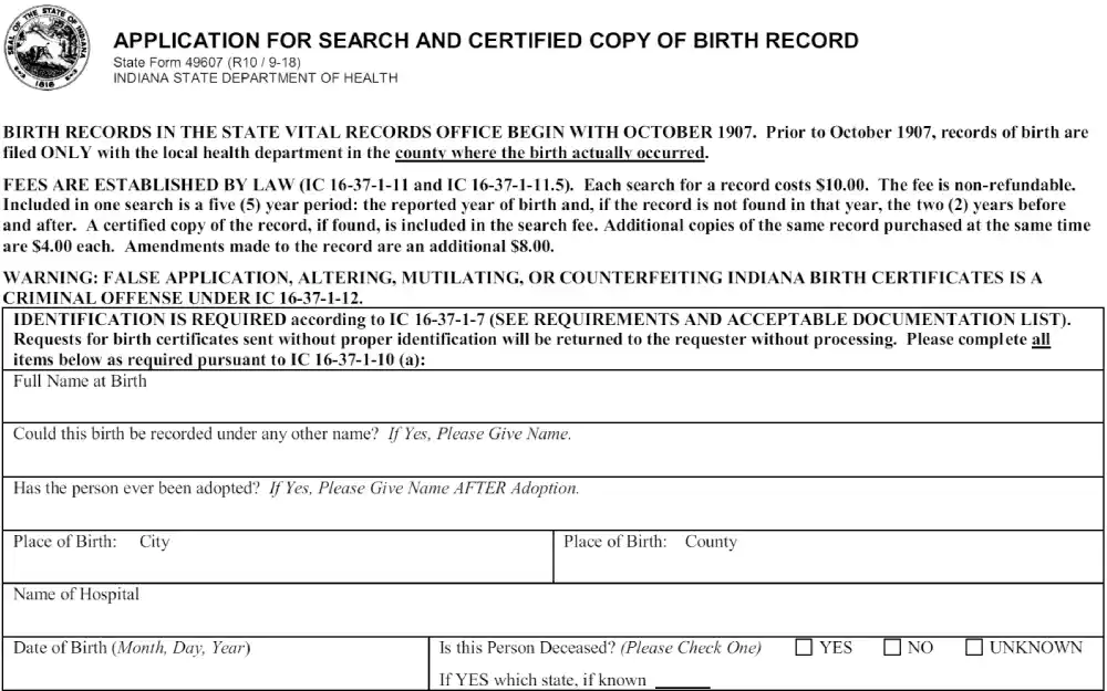 A screenshot of a form from the Indiana Department of Health requesting a search and certified copy of a birth record, with fields for full name at birth, any other names, adoption details, place and date of birth, and a warning against falsification.