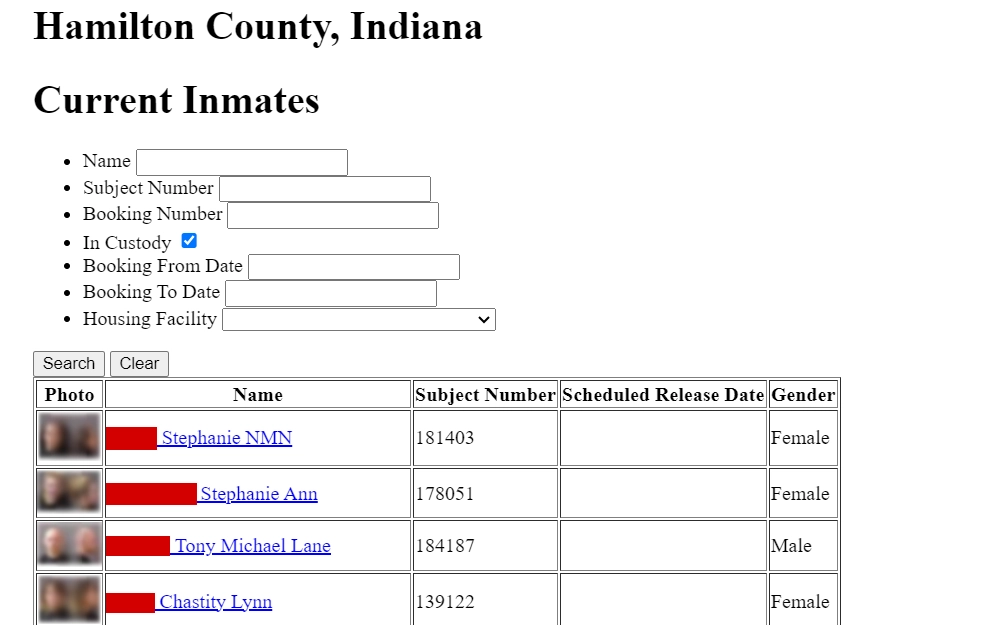 A screenshot of the inmate roster of the Hamilton County Sheriff's Office displays the search fields for name, subject number, booking number, booking date range, and housing facility, followed by a table of results with the inmates' mugshots, names, subject numbers, scheduled release dates, and genders.