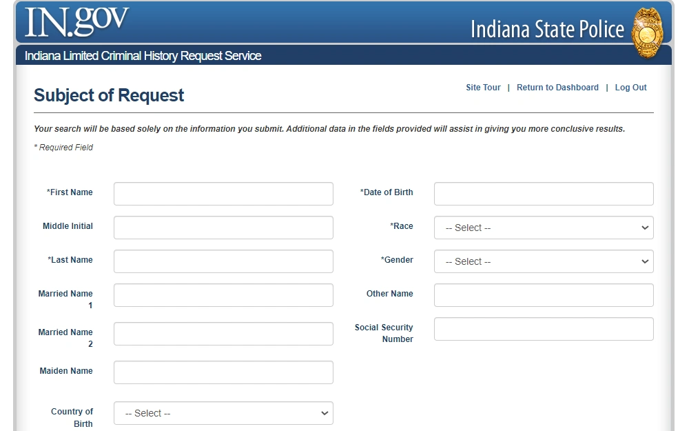 A screenshot of the limited criminal history check online submission form from the Indiana State Police website displays fields for the first, middle, and last names, married name, maiden name, date of birth, race, gender, other name, social security number, and country of birth.