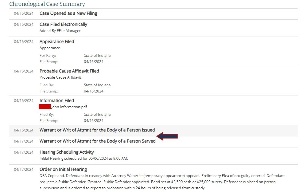 A screenshot taken from the website of the Indiana Office of Judicial Administration's MyCase search displays a case chronological summary with the corresponding dates and events, including warrant issuance.