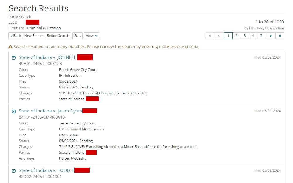 A screenshot of the results from the Indiana Office of Judicial Administration's case management system displays the party names, case numbers, titles, filed dates, courts, case types, statuses, charges, and parties.