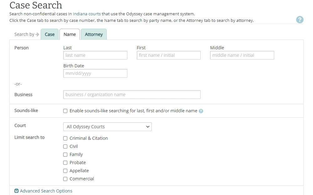 A screenshot of the MyCase search system of Indiana from the Office of Judicial Administration displays the fields under the "Name" tab, including the last, middle, and first names, birthday, business name, court, and options for case type.