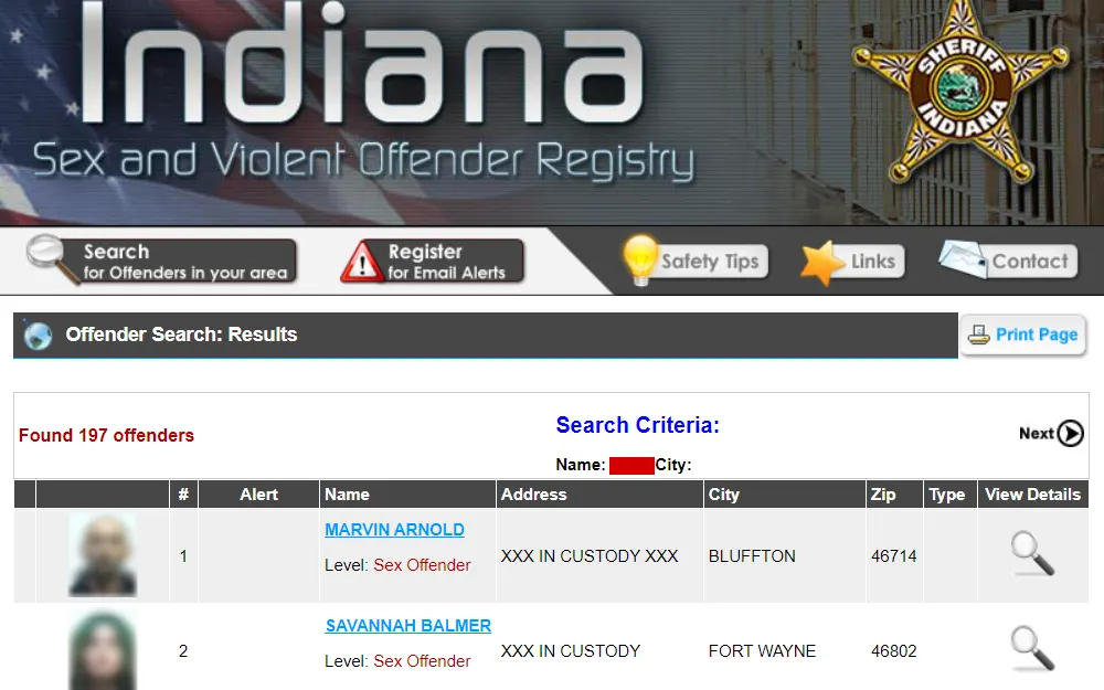 A screenshot from the sex and violent offender registry of the Indiana Department of Corrections displays the results in table form, including the photograph, name, offender level, address, city, zip code, type, and an option to view more details.