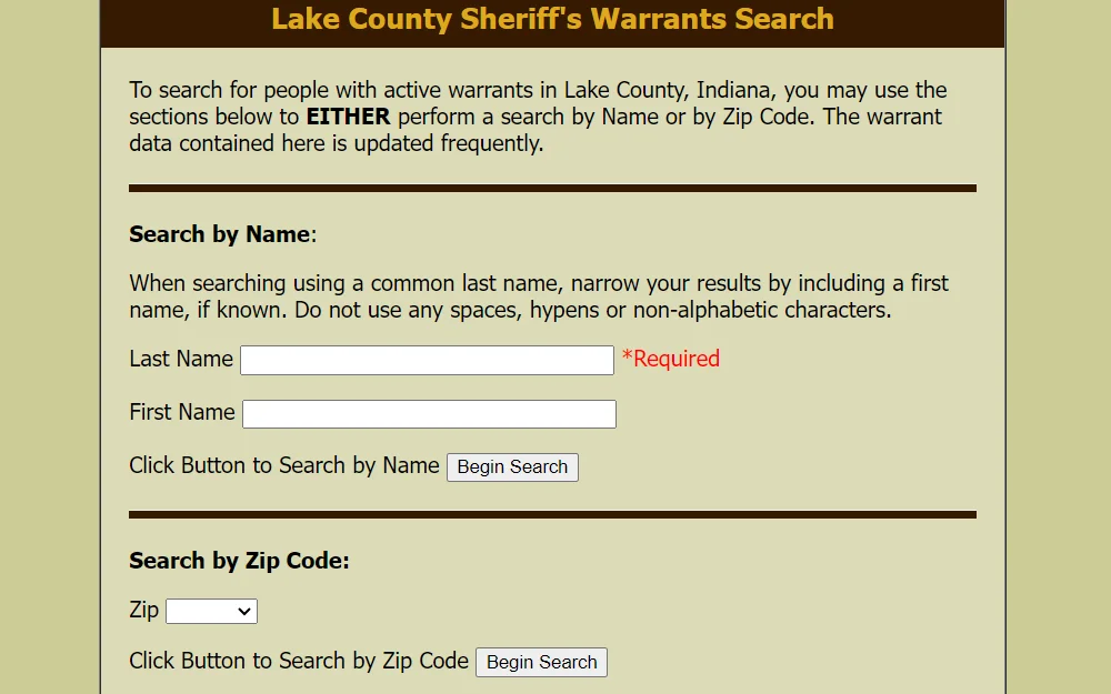 A screenshot of the interface of the warrant search tool from the Lake County Sheriff's Department displays two search options: name and zip code.